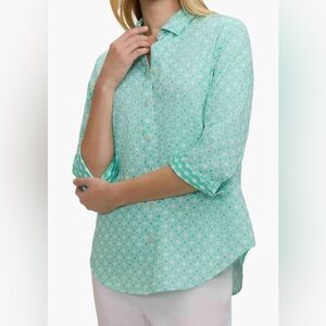 Margie Geo Lattice Three-Quarter Sleeve Button-Up Shirt Green/White M